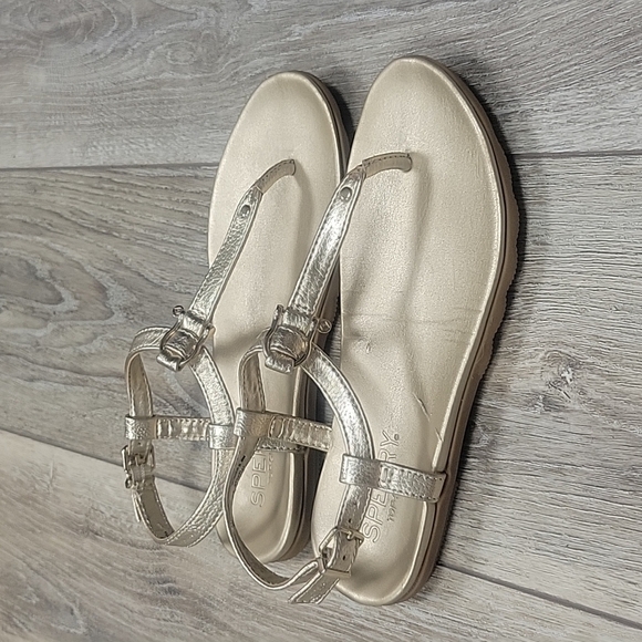 Sperry Top Sider Gold Leather Saltwater T-Strap Sandals - Picture 2 of 6